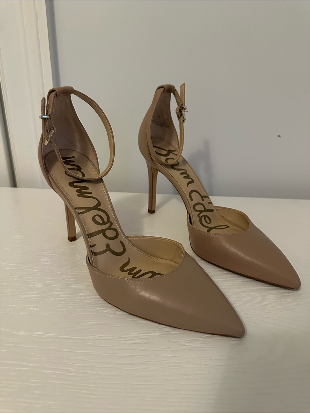 Sam Edelman Beige Leather D'Orsay Ankle Strap Stiletto Heels Size 10